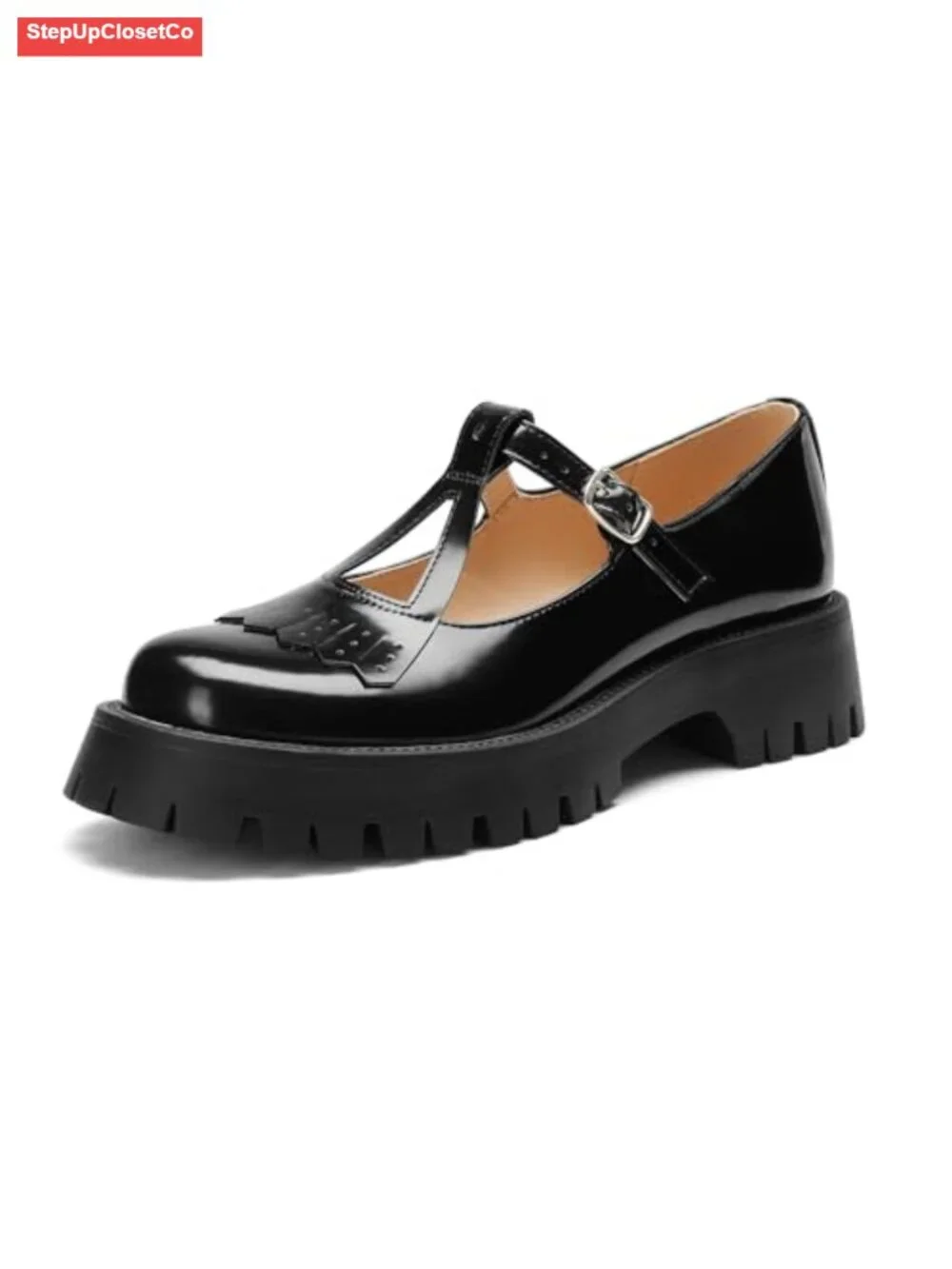 Chunky Platform Mary Janes Patent T-Strap Dress Shoes with Buckle